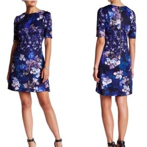 Betsey Johnson Blue & Purple Watercolor Floral Scuba Mini Dress - 6